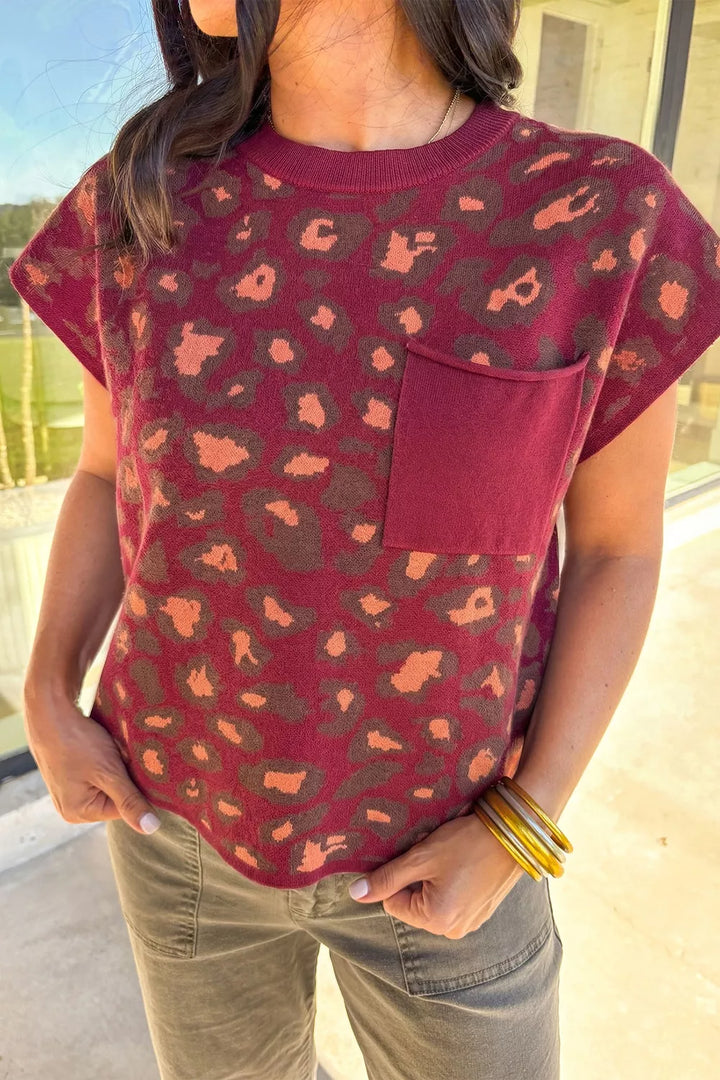 Deep Red Leopard print cap sleeve knit top with chest pocket