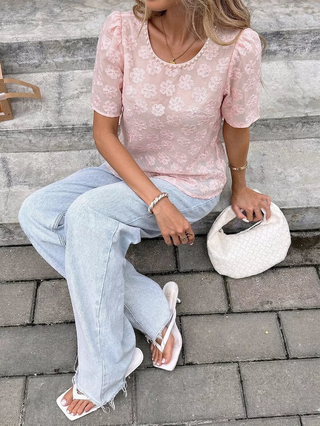 Sheer floral embroidered blouse with pearl-trim neckline