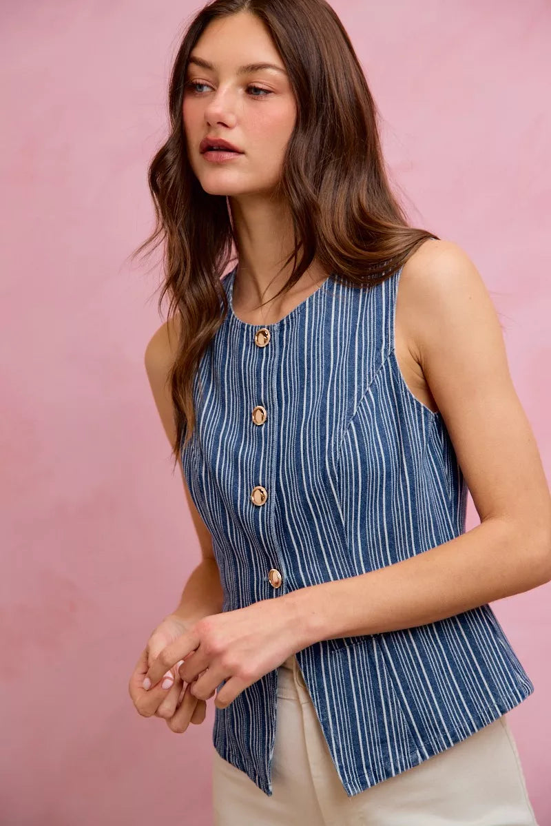 Striped denim button-front vest top with gold buttons