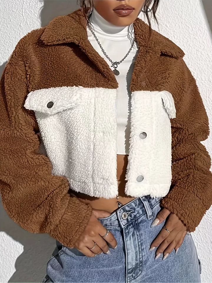 Dark Brown Two-tone sherpa cropped trucker jacket with snap front