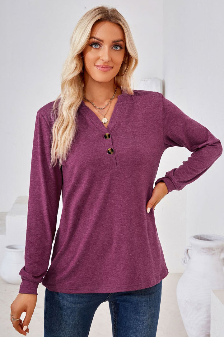 Buttoned split V-neck long sleeve henley top