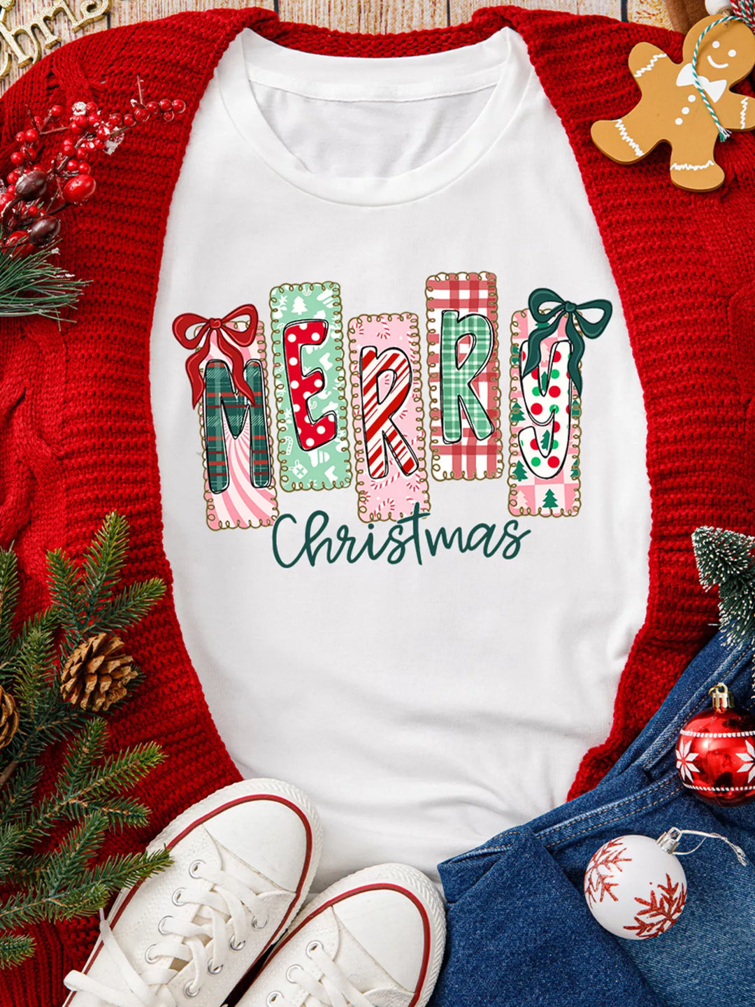 Merry Christmas patchwork letter graphic tee with bows