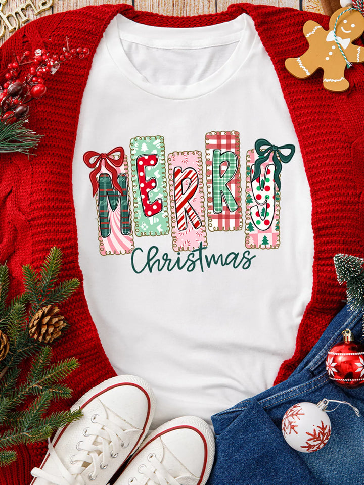 Merry Christmas patchwork letter graphic tee with bows