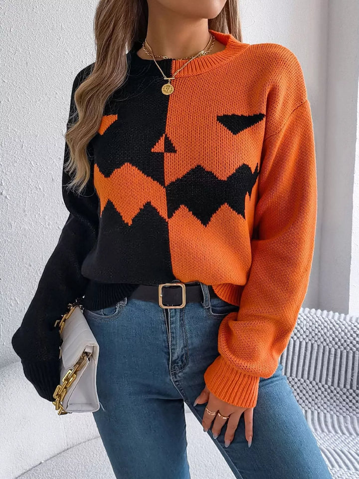 Pumpkin face color block knit pullover sweater