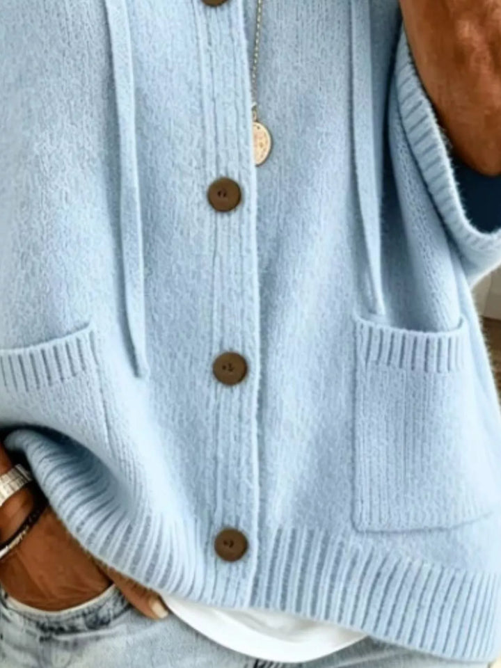 Hooded button-down knit cardigan with patch pockets
