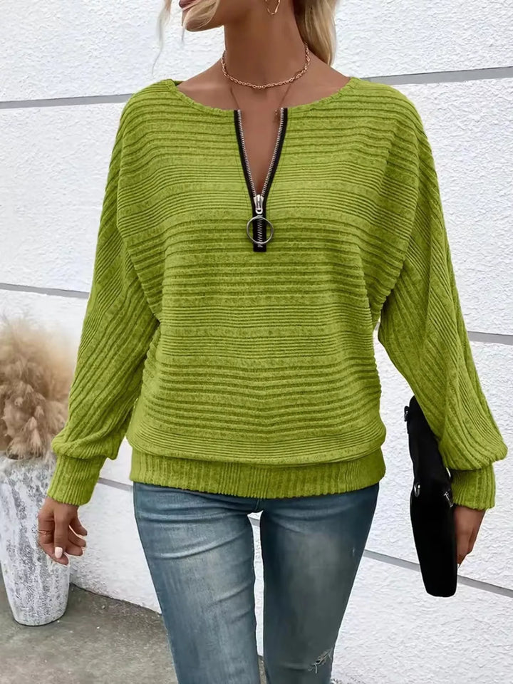 Sage Ribbed knit quarter-zip batwing sweater with O-ring pull