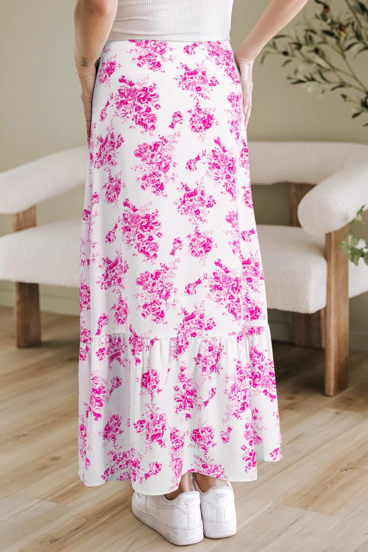 High-waist floral maxi skirt with ruffle and front slit