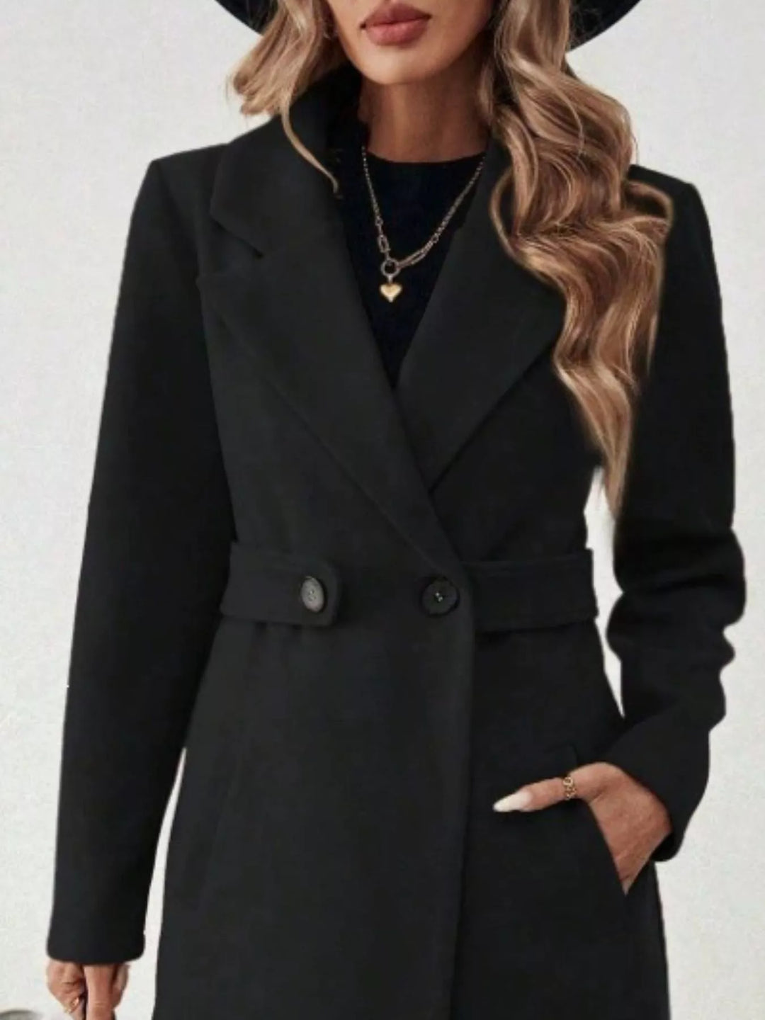 Notched lapel belted longline coat with side pockets