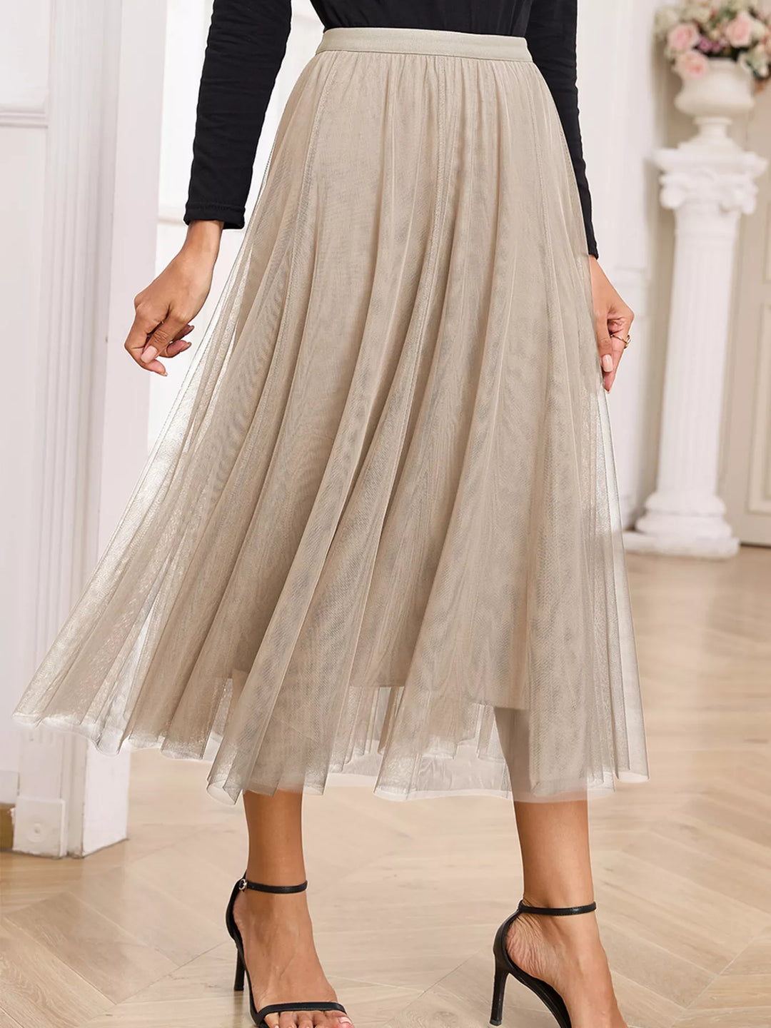 Tulle mesh overlay flared midi skirt with lace underlayer