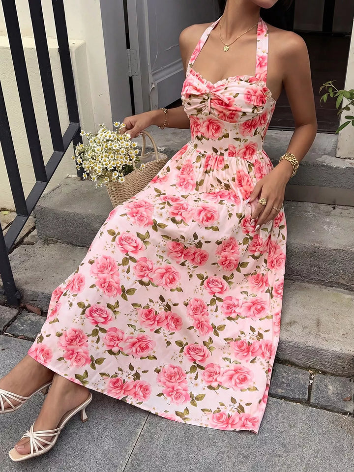 Rose print halter neck midi dress with smocked bodice