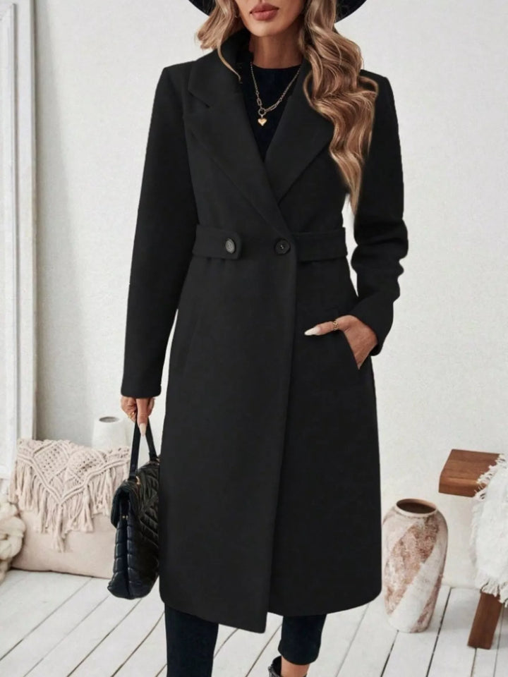 Black Notched lapel belted longline coat with side pockets
