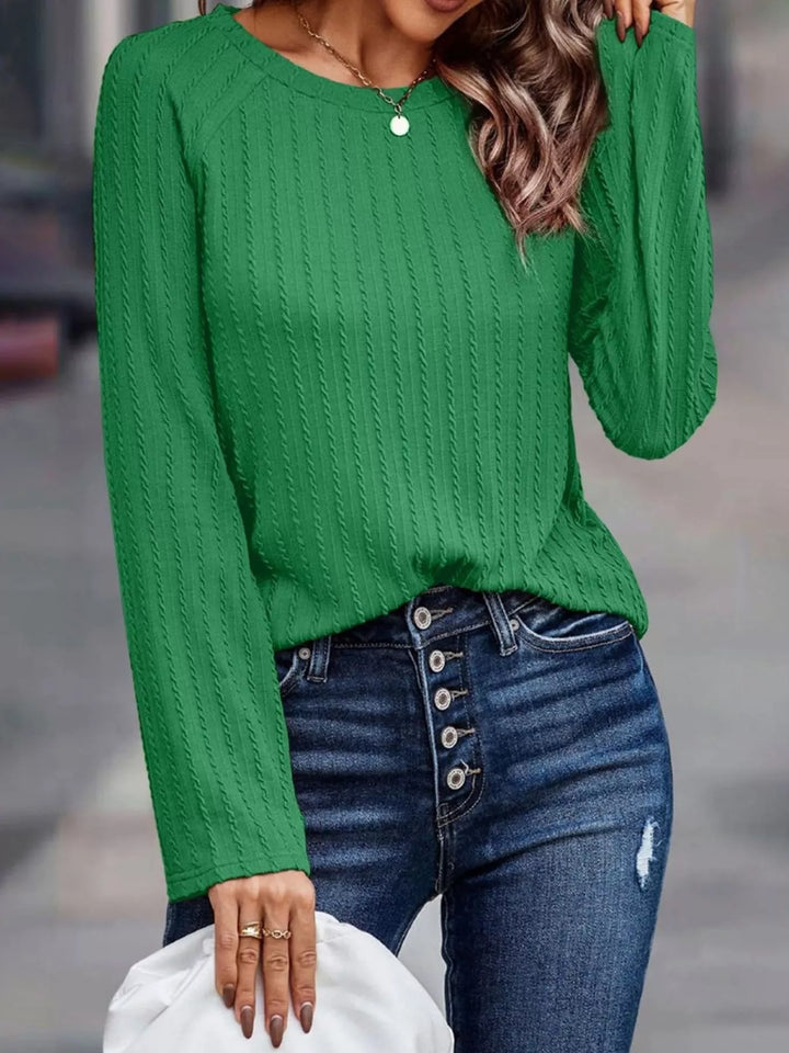 Textured cable-knit crew neck long sleeve top