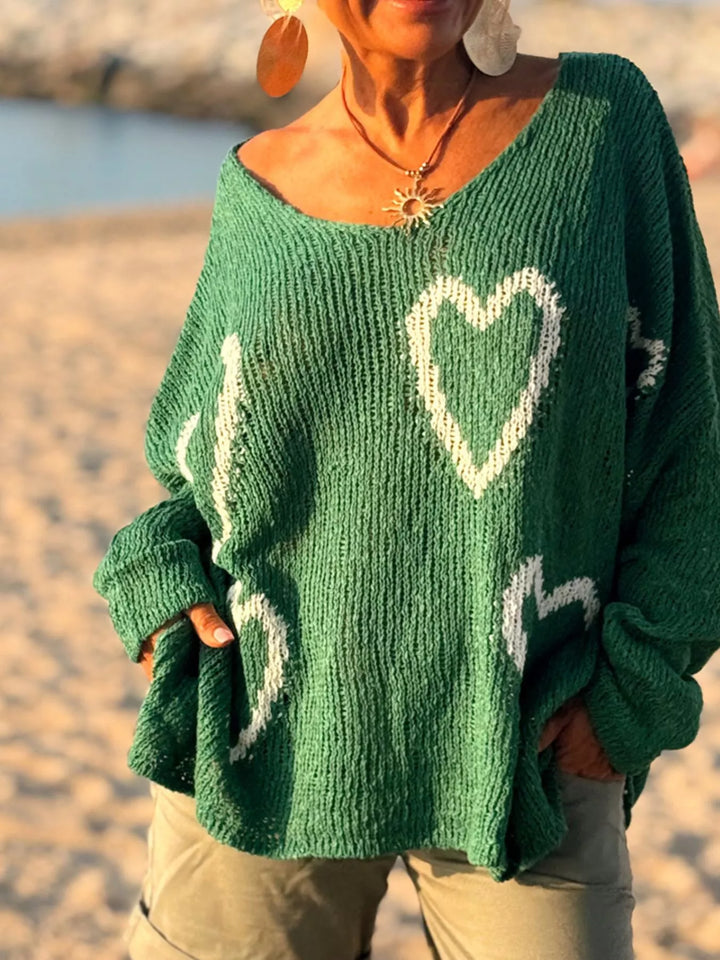 Heart motif V-neck dropped-shoulder knit sweater