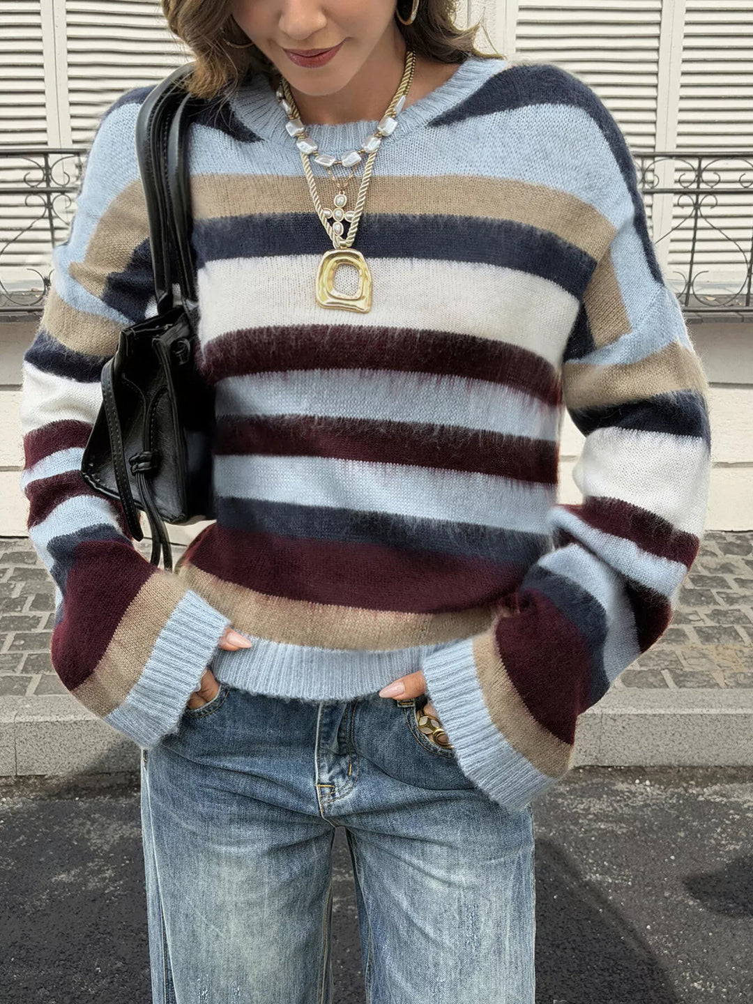 Colorful Stripes Striped fuzzy knit crew neck pullover sweater