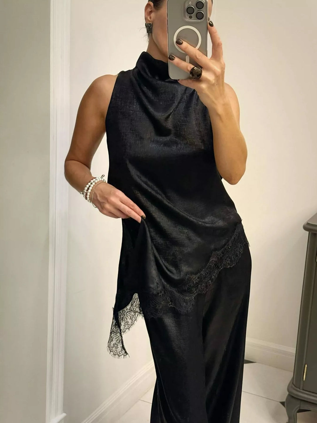 Asymmetric lace-hem satin cami with high cowl neck