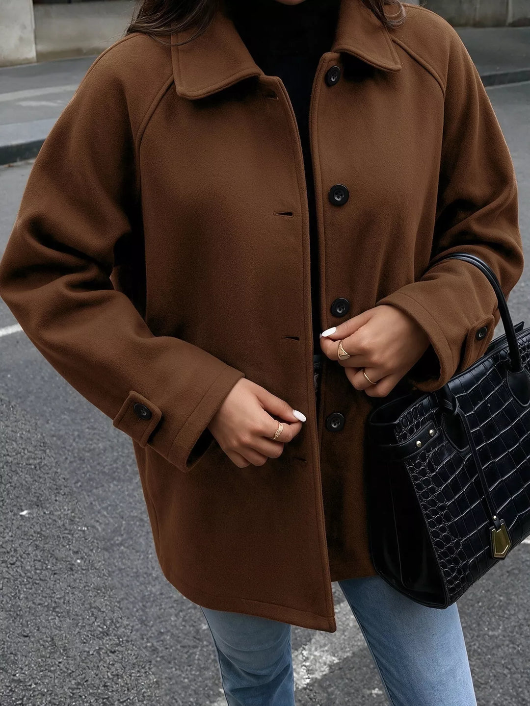 Single-breasted raglan sleeve wool-look jacket