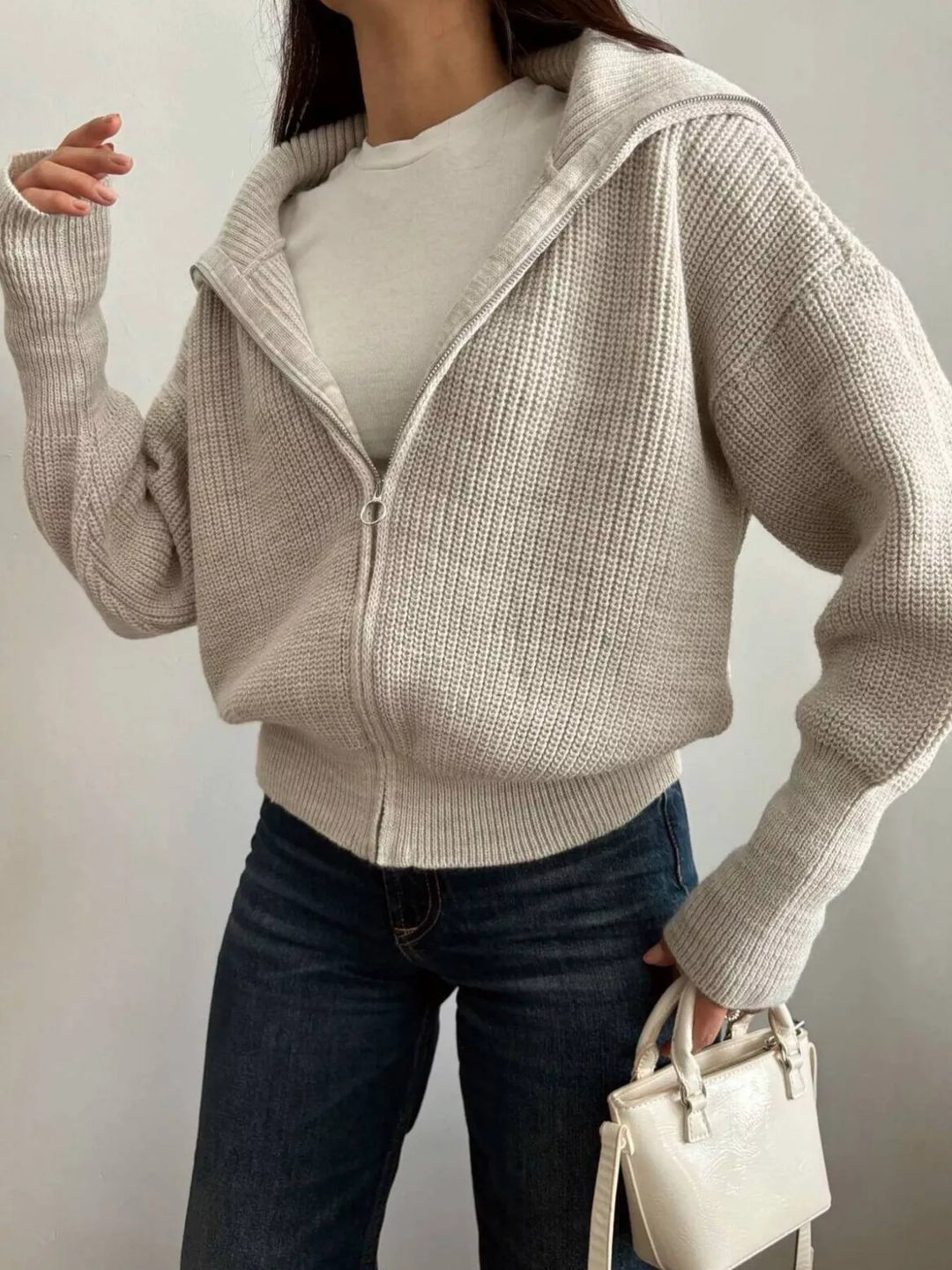 Chunky two-way zip sweater jacket with foldover collar