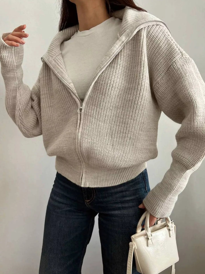 Chunky two-way zip sweater jacket with foldover collar