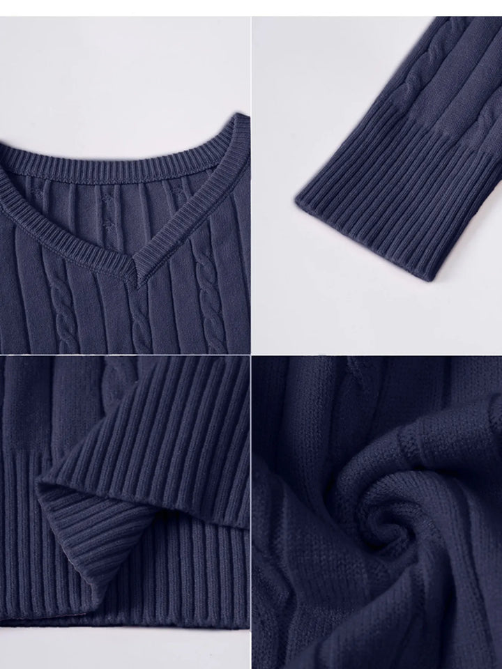 Cable knit V-neck pullover sweater with ribbed trim