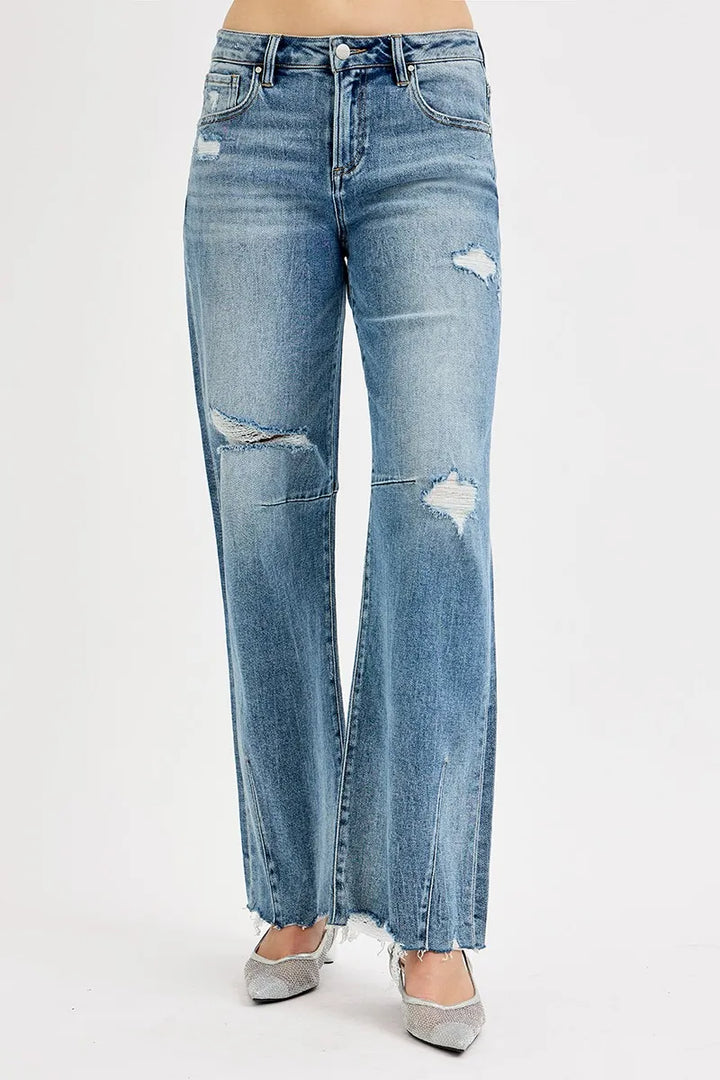 Distressed mid-rise wide-leg baggy jeans with raw hem
