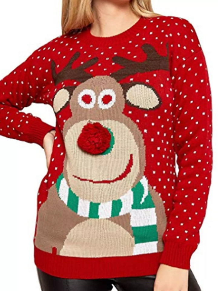 Red Reindeer graphic knit Christmas sweater with pom-pom nose