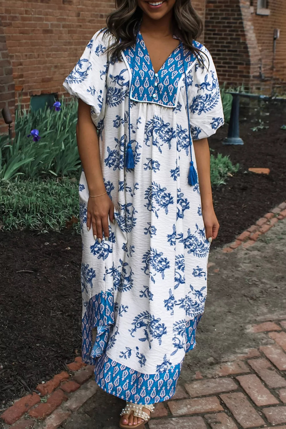 Paisley patchwork v-neck boho midi dress with tassel ties