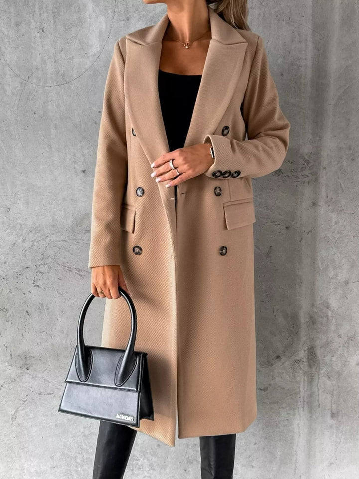 Khaki Double-breasted longline coat with notch lapel and flap pockets