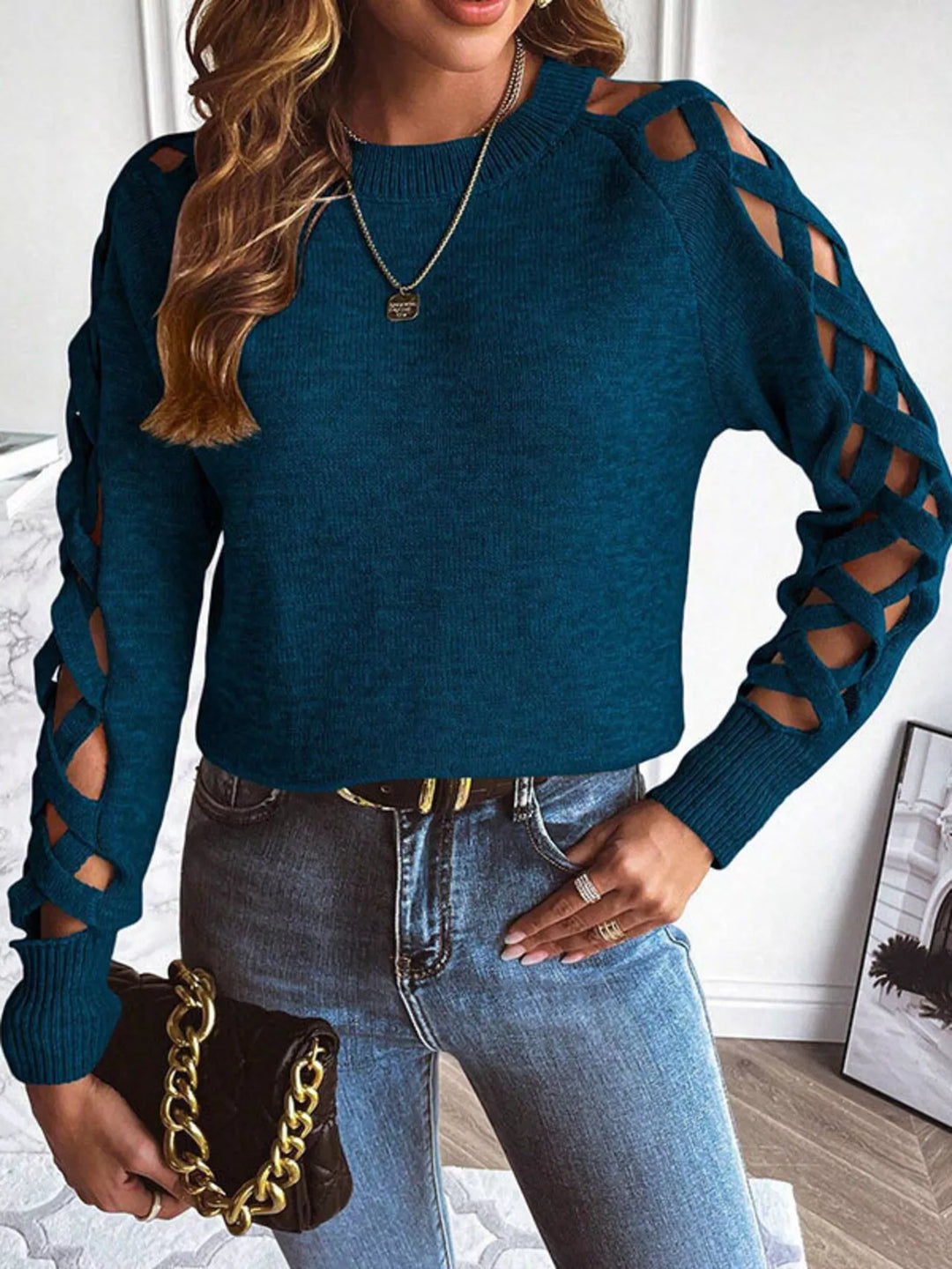 Blue Criss-cross cutout sleeve crew neck knit sweater