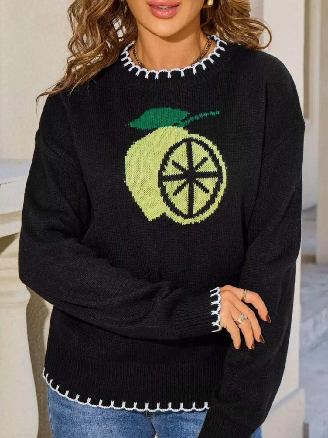 Lemon graphic knit sweater with whipstitch trim
