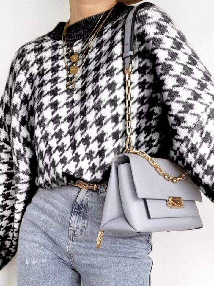 Houndstooth oversized crewneck knit sweater