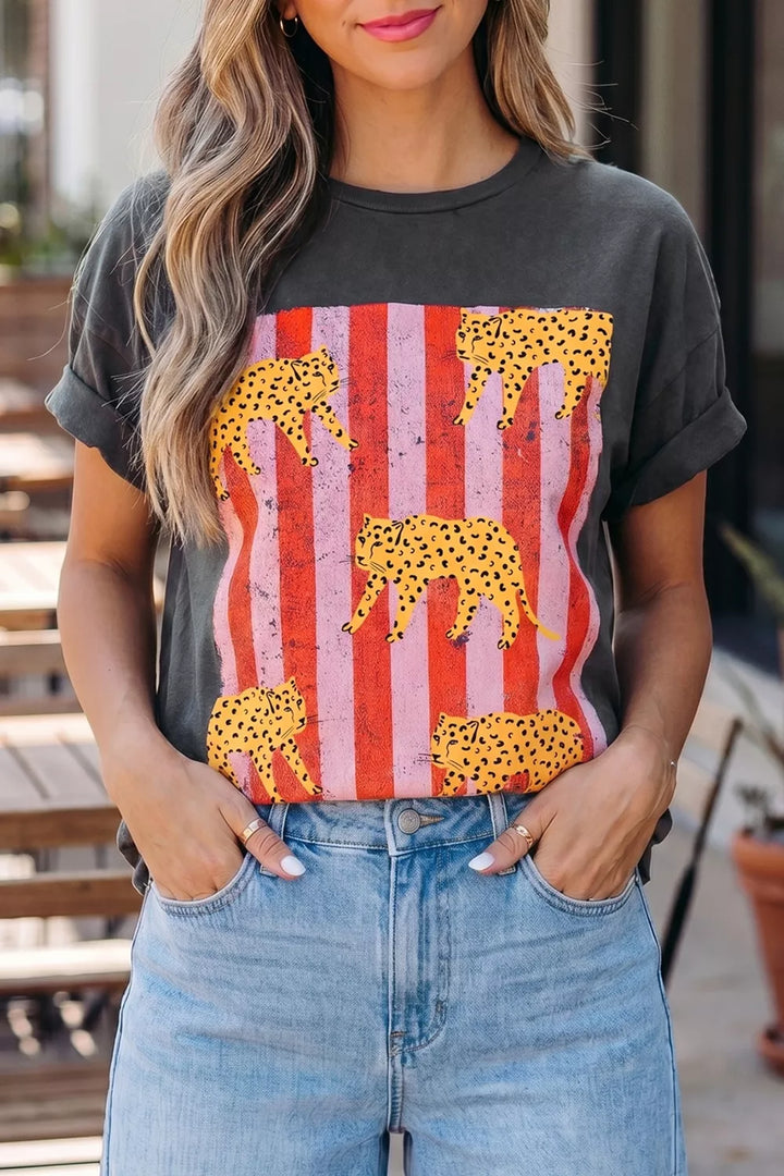 Cheetah stripe graphic crew neck cotton tee
