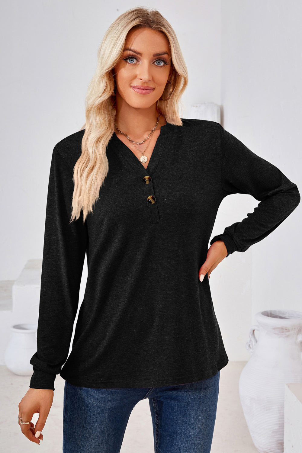 Buttoned split V-neck long sleeve henley top