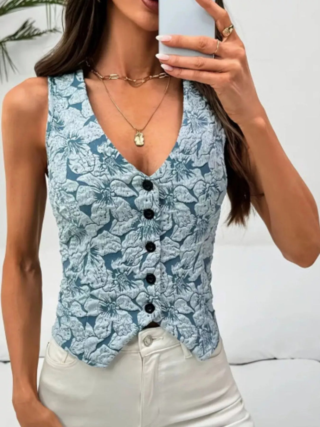 Floral jacquard button-front sleeveless vest top