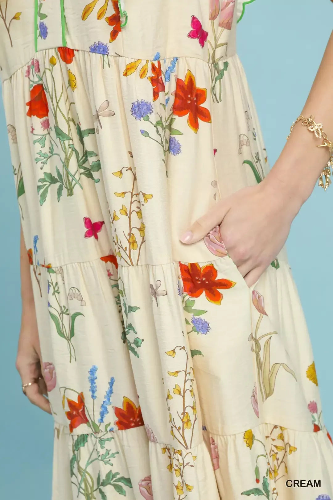 Floral tiered midi dress with scalloped ruffle trim