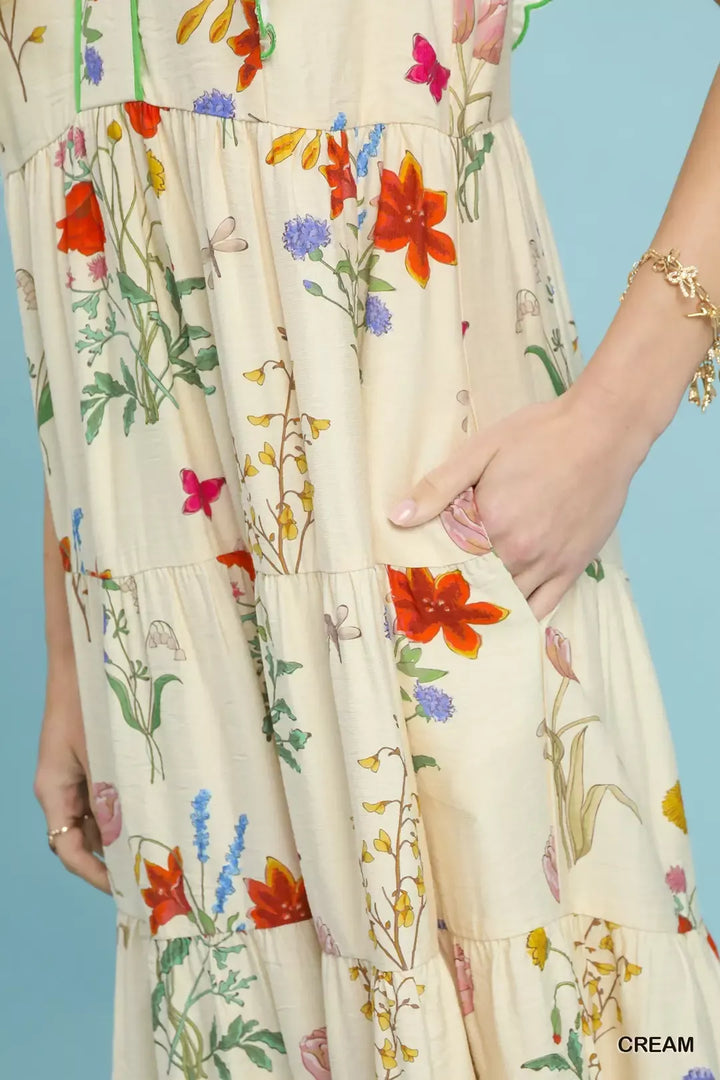 Floral tiered midi dress with scalloped ruffle trim