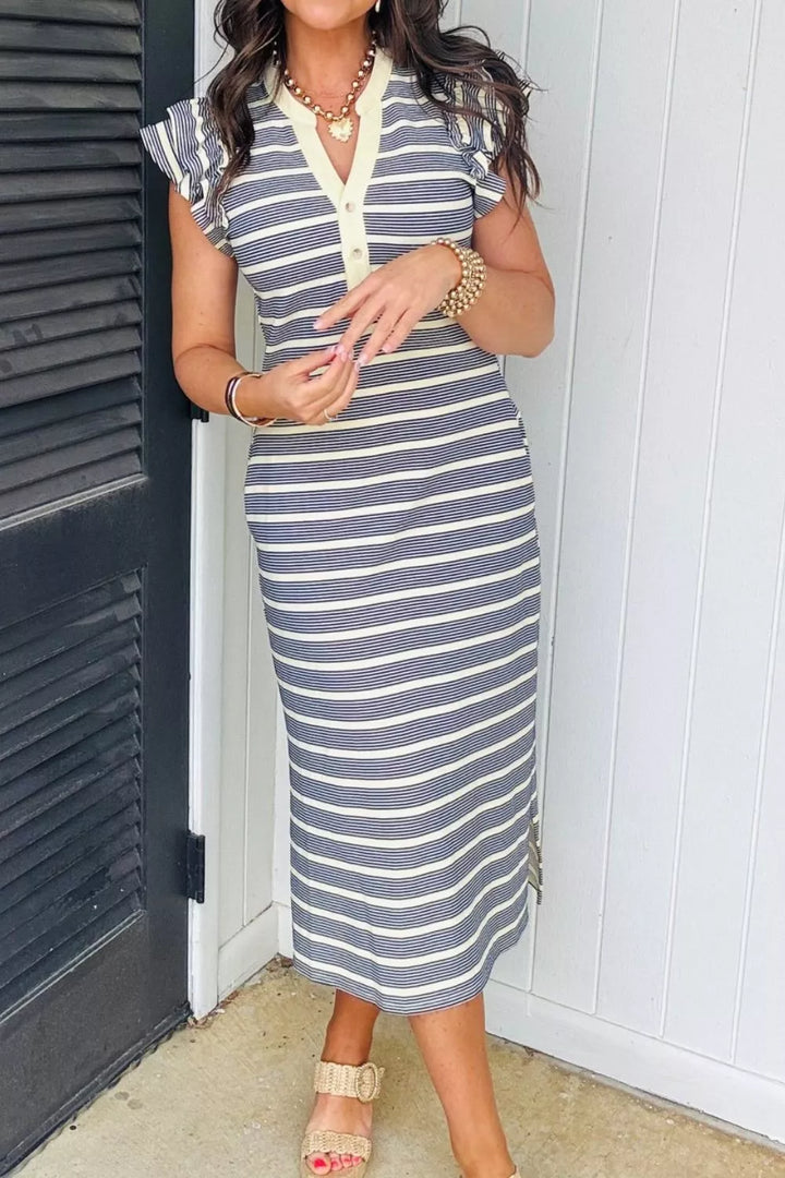 Striped notched neck midi dress with ruffle cap sleeves