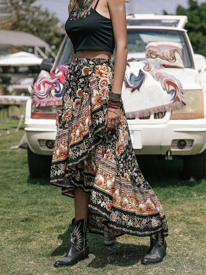Plus size boho floral high-low midi skirt