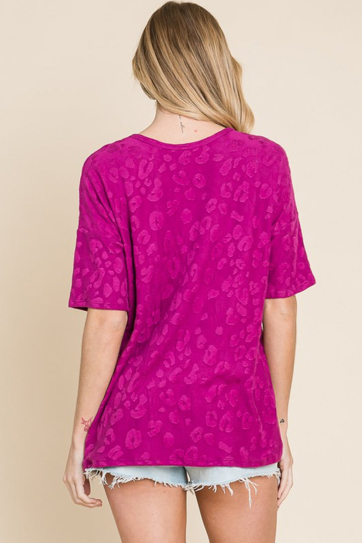 Textured leopard henley top with wooden buttons