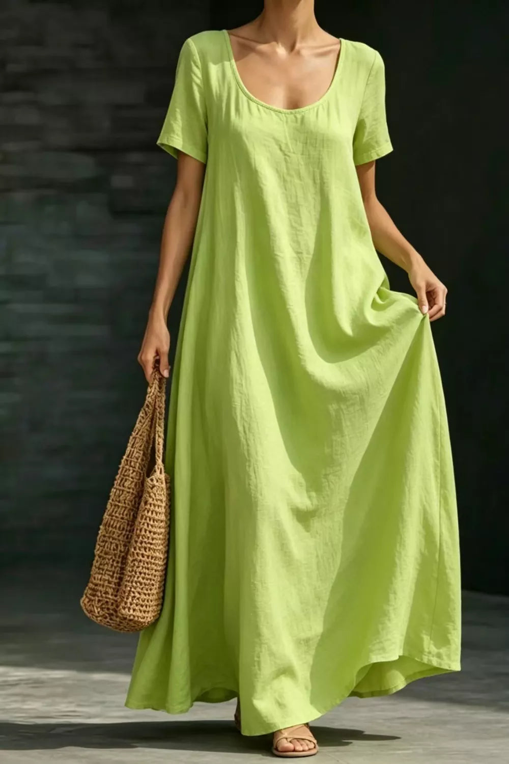 Lime Relaxed scoop neck short sleeve maxi dress with pockets