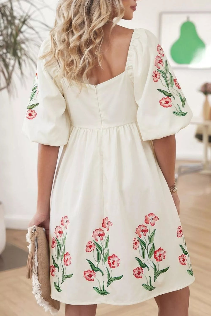 White Floral puff sleeve babydoll mini dress with square neck