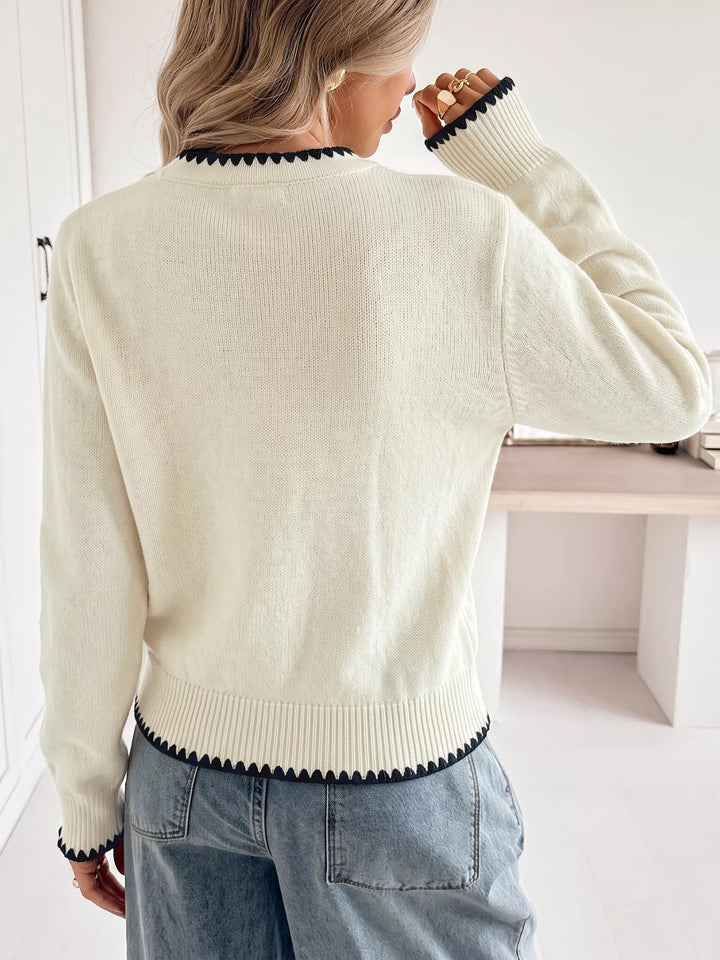 Contrast whipstitch trim V-neck button-front knit cardigan