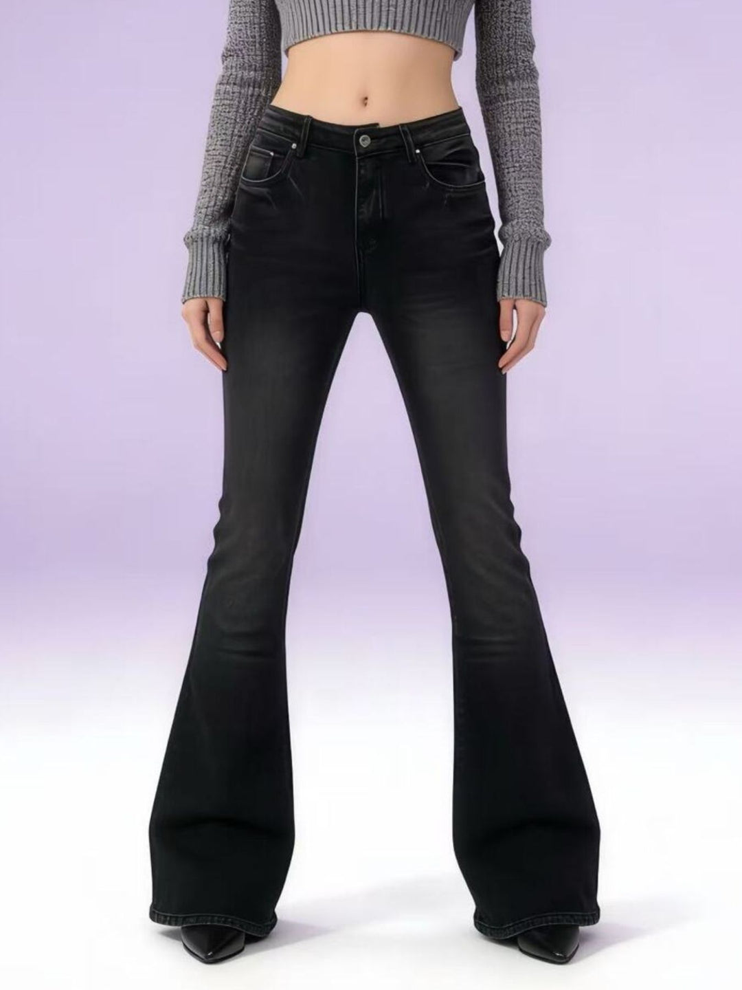 Gray Vintage wash high-rise flare jeans in stretch denim