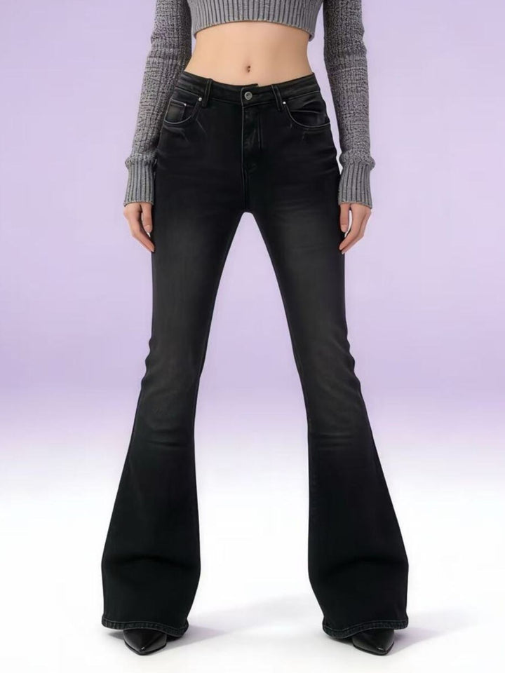 Gray Vintage wash high-rise flare jeans in stretch denim