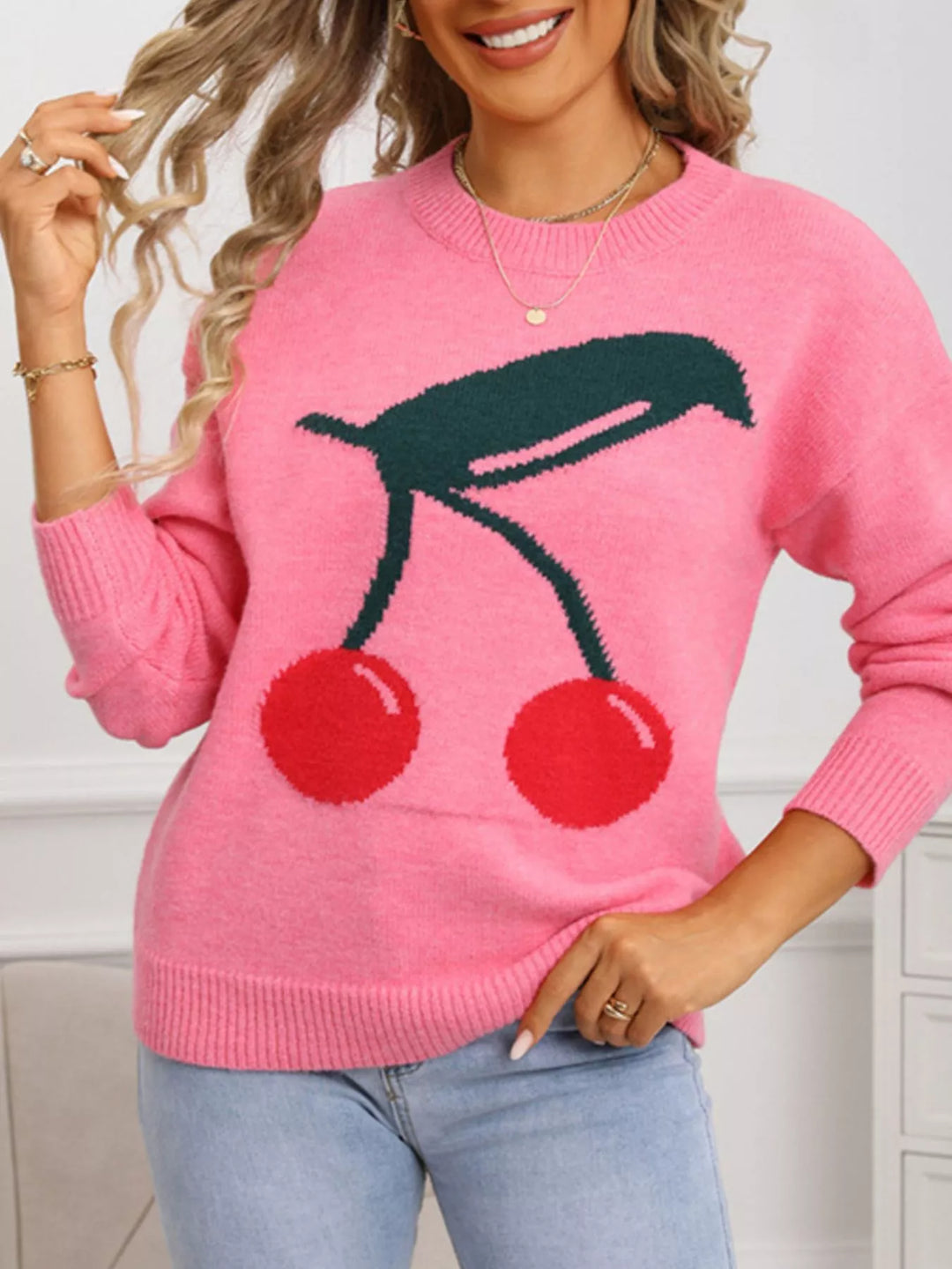 Cherry motif crew neck long sleeve knit sweater