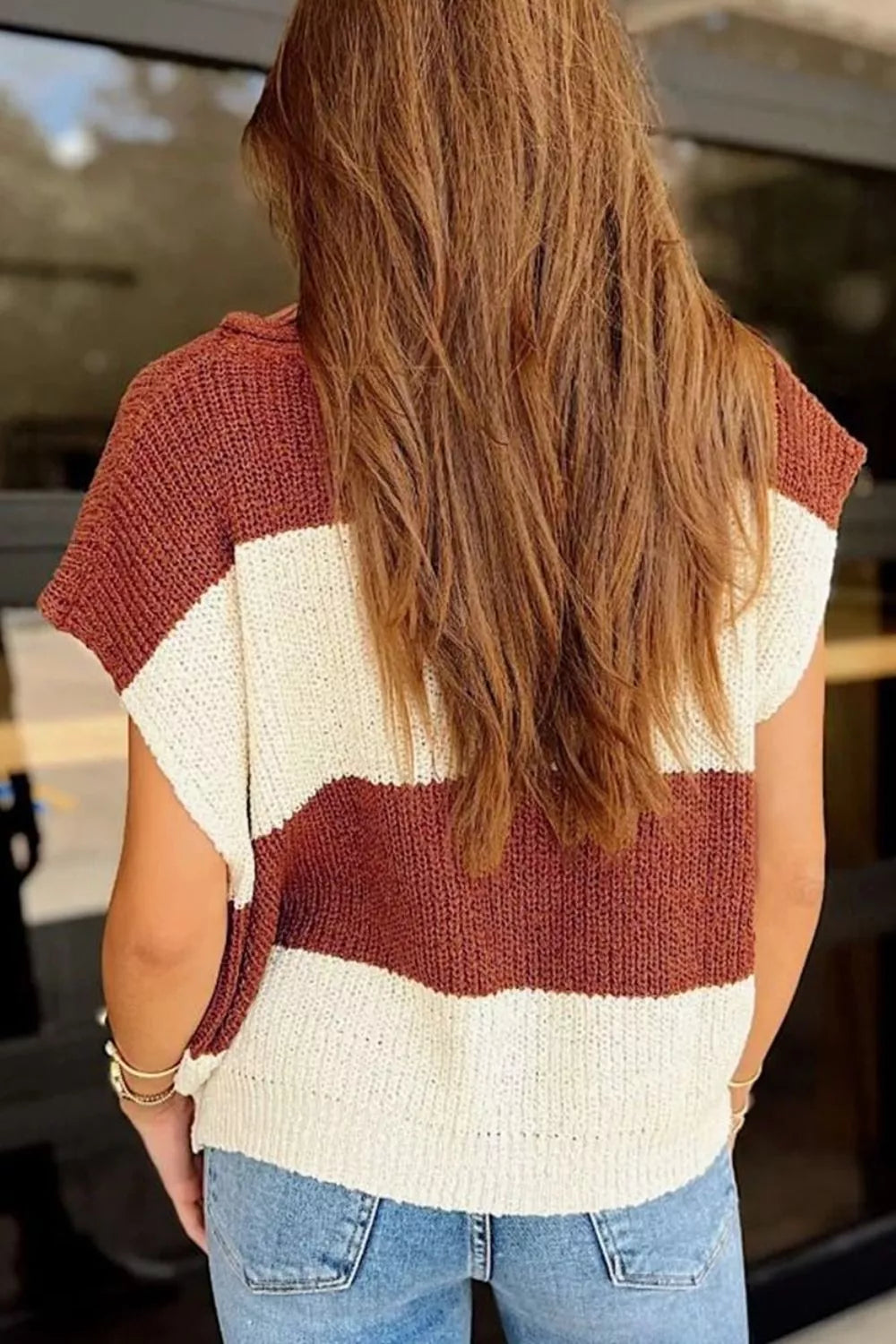 Wide stripe colorblock knit sweater with notch neck