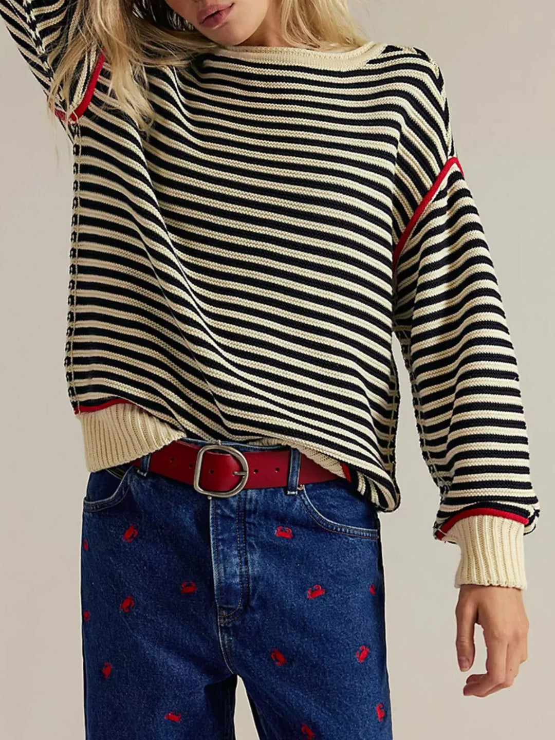 Black Striped ribbed knit round neck sweater with contrast trim