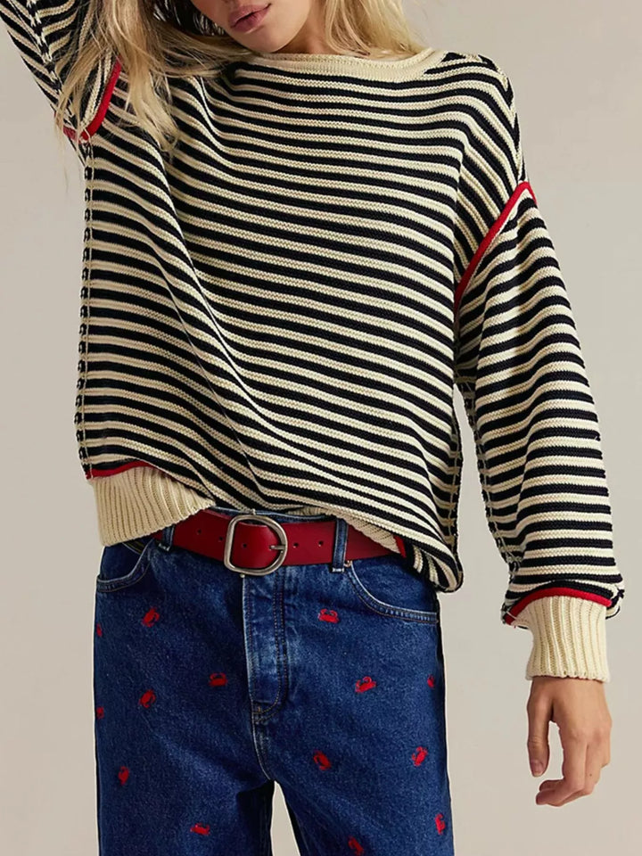 Black Striped ribbed knit round neck sweater with contrast trim