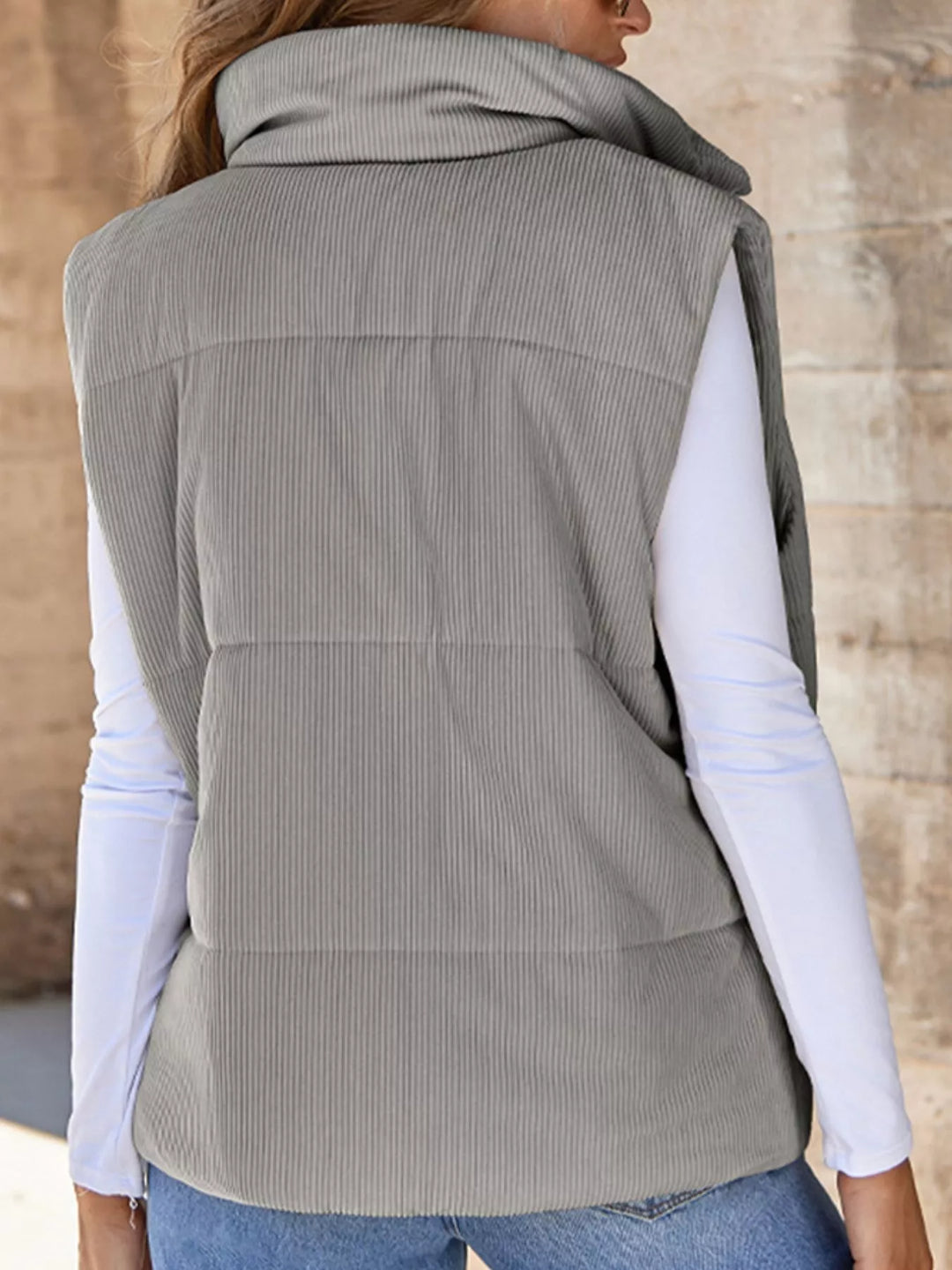 Corduroy stand collar zip-up puffer vest