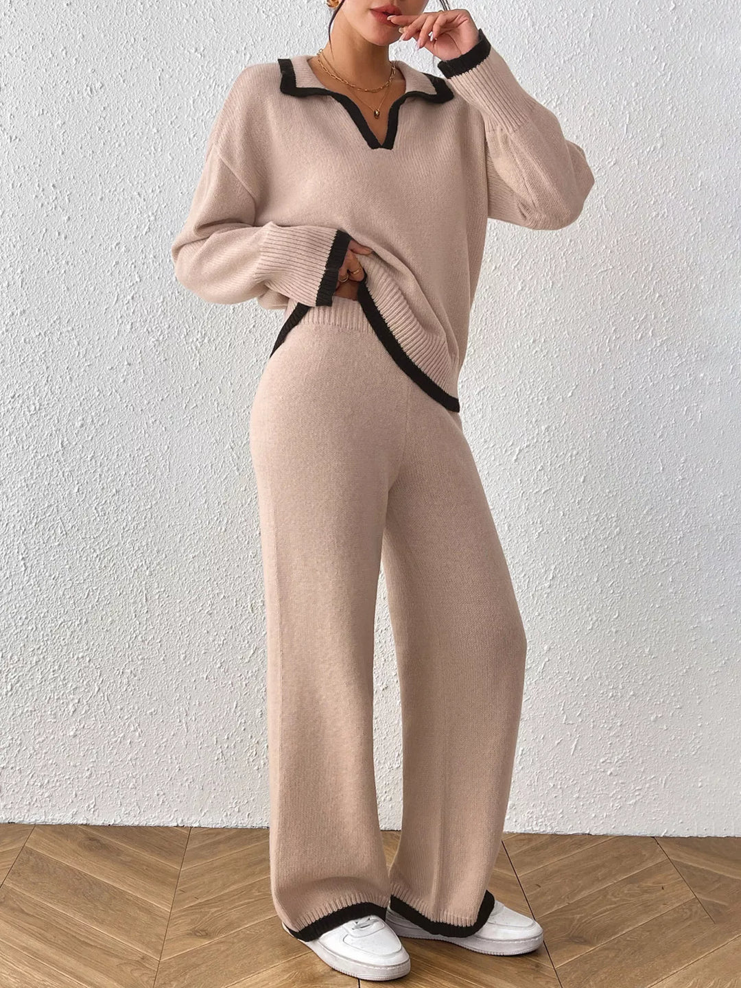 Contrast trim polo collar sweater and wide leg pants set