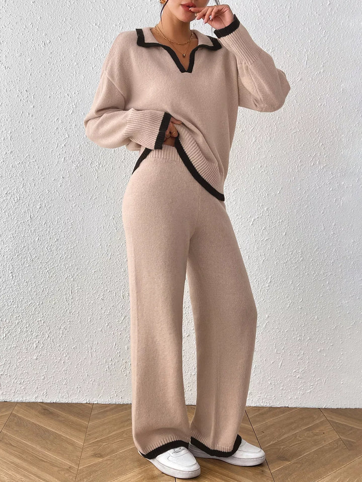 Contrast trim polo collar sweater and wide leg pants set